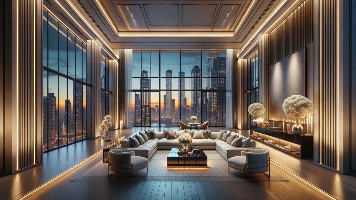 A quiet upper-floor lounge with low seating and a wide city view