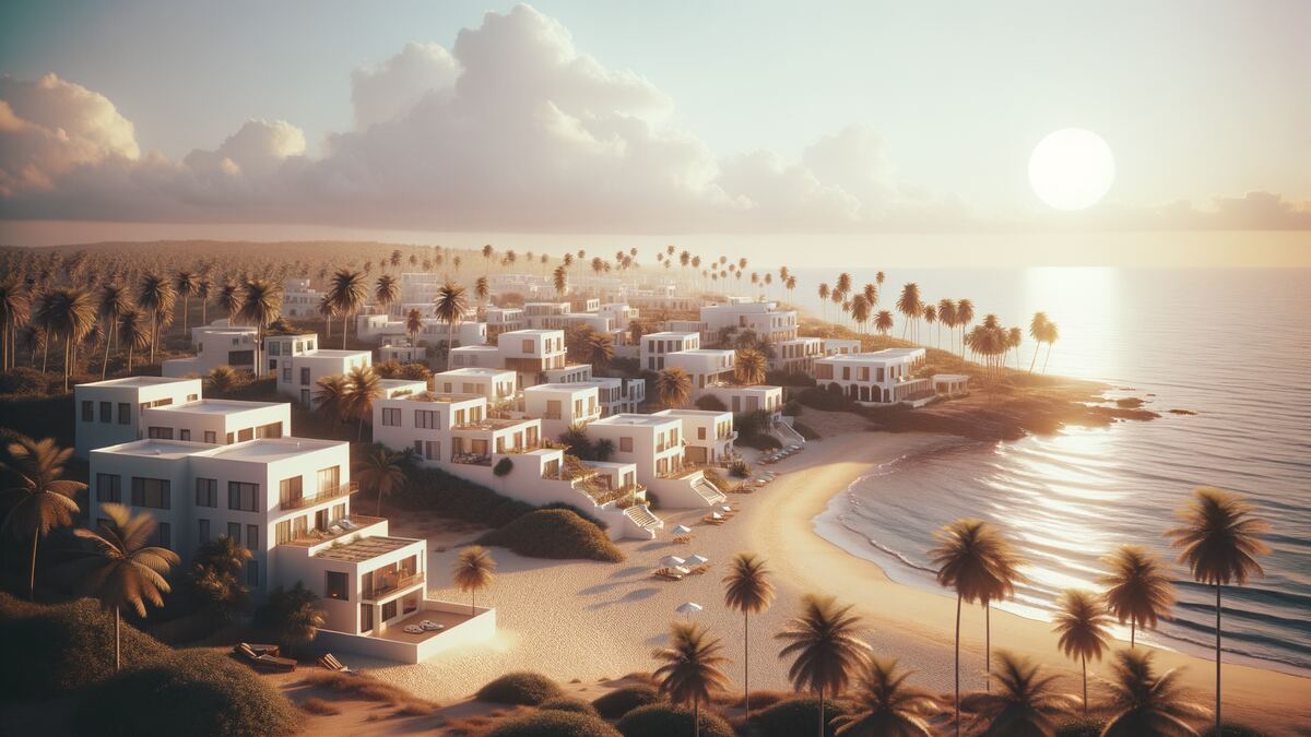Low white houses stepping down toward a coastline under a pale sky