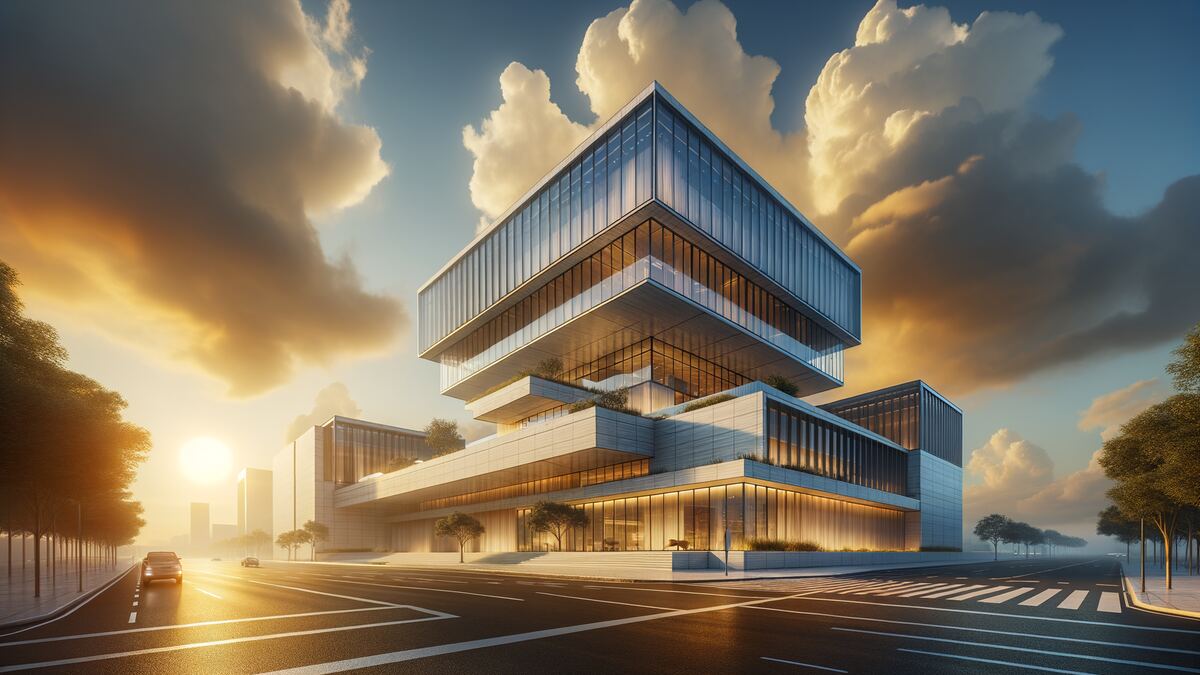 A cantilevered modern building seen from below against a bright cloudy sky