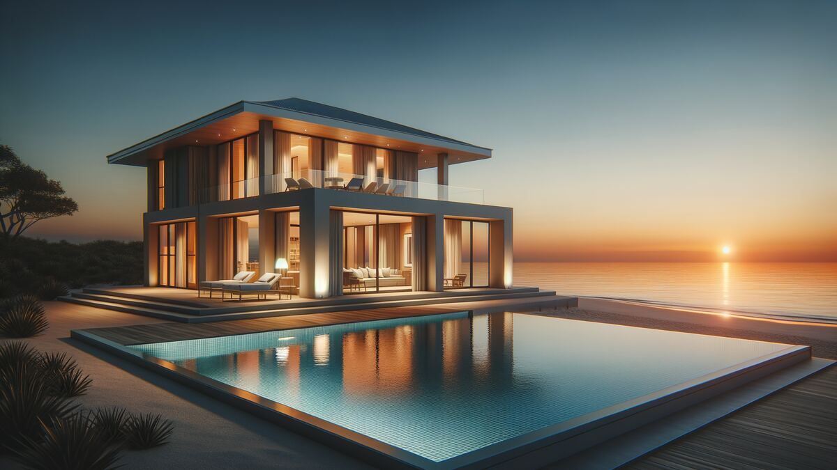 A low modern villa lit from within, reflected in a still pool at dusk