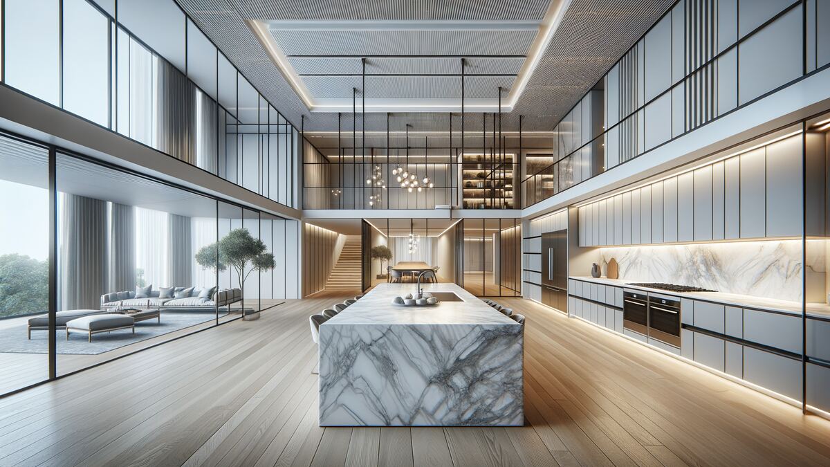 An open-plan kitchen with a marble island and pale timber floors